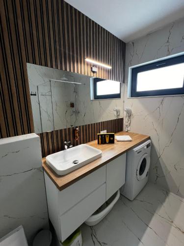 a bathroom with a sink and a washing machine at Olivina Park Spa - domki z dostępem do krytego basenu, saun, wyżywienia i atrakcji dla dzieci in Niechorze