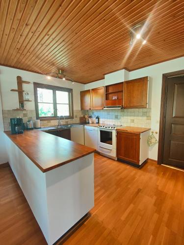 a large kitchen with wooden floors and a wooden ceiling at Haus Lagom in Johannishus
