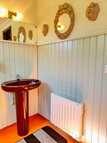 a bathroom with a red sink and a mirror at Haus Lagom in Johannishus