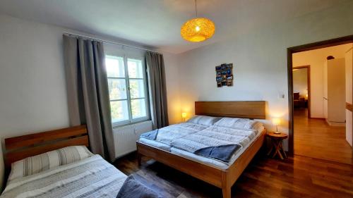 um quarto com 2 camas e uma janela em Apartmán Janské lázně em Janske Lazne
