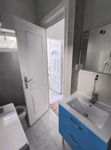 La salle de bains est pourvue d'un lavabo blanc et d'une armoire bleue. dans l'établissement Jolie Appartement indépendant, à Épinay-sur-Seine