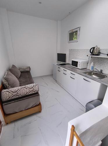 - une cuisine avec un canapé et un évier dans la chambre dans l'établissement Jolie Appartement indépendant, à Épinay-sur-Seine