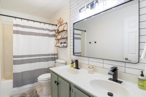 een badkamer met een wastafel, een toilet en een spiegel bij Paulie's Place in Osage Beach