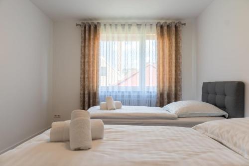 two beds in a room with a window at Mega Lux Apartment in Esslingen