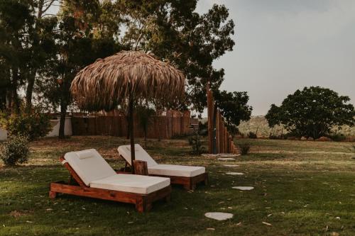 two chairs and an umbrella in the grass at Maya pool & mountain view villa in Koskinou