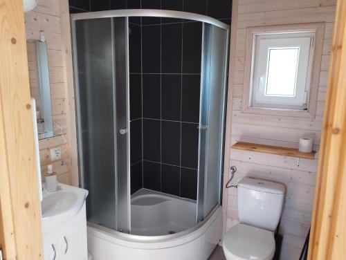 ein Bad mit einer Dusche, einem WC und einem Waschbecken in der Unterkunft Domki na Leśnej in Ustronie Morskie