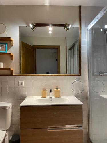 une salle de bain avec un lavabo et un miroir dans l'établissement Apartamento renovado con jardín privado, parking ,wifi y piscina, à Osséja