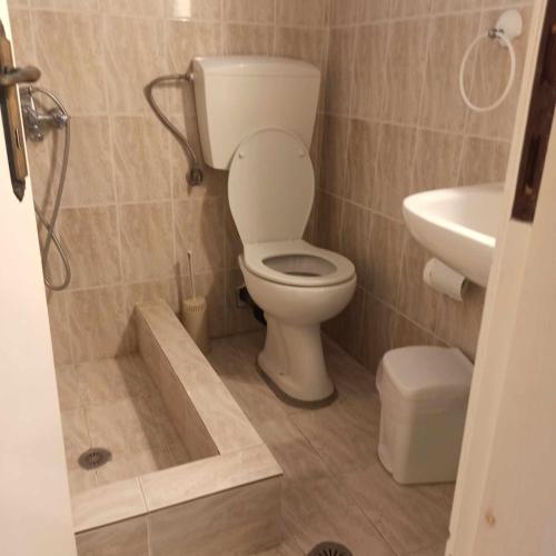 a bathroom with a toilet and a sink at Kalamitsi House 2 in Agia Pelagia