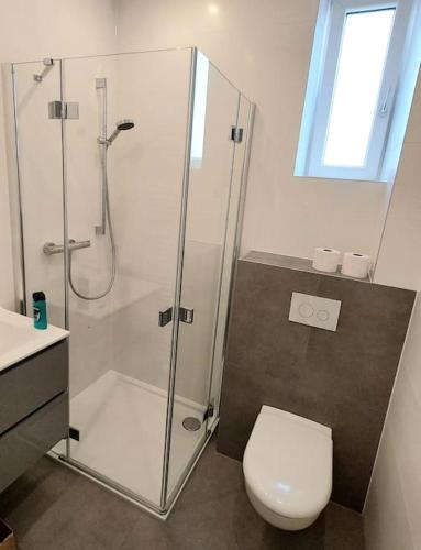 a bathroom with a shower and a toilet and a sink at Appartement Top 4 - Premium in Linz