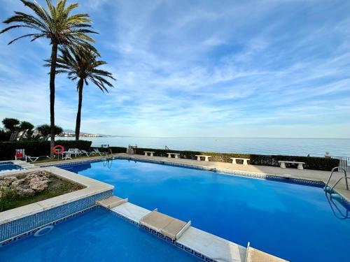 a large blue swimming pool with a palm tree and the ocean at Diletta Beach Estepona in Estepona