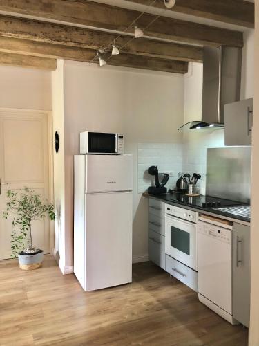 La cuisine est équipée d'un réfrigérateur blanc et d'un four micro-ondes. dans l'établissement VerOliv : Superbe appartement rénové proche du centre-ville, au Creusot