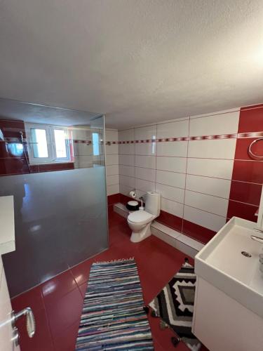 a bathroom with a toilet and a sink at Villa AlMar in Sarandë