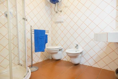 a bathroom with a toilet and a blue towel at Sea View Apartment in Porto Rotondo