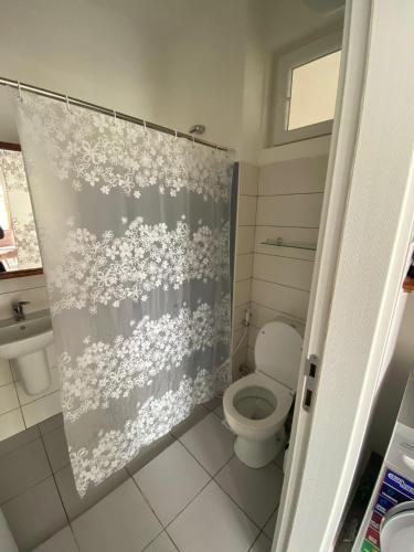 a bathroom with a toilet and a shower curtain at WissaHomeZanzibar in Dambani