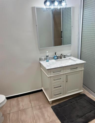 塔馬利的住宿－Emerald Crest，一间带水槽、镜子和卫生间的浴室