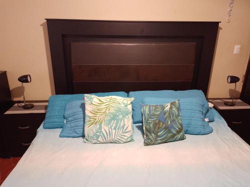 a bed with blue pillows and a large headboard at Casa Jasso in Guanajuato