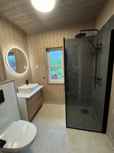 a bathroom with a shower and a toilet and a sink at Brygga på Dønna 