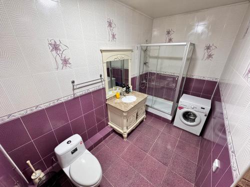 a bathroom with a toilet and a sink and a washing machine at Poytakht 80 Apartments in Dushanbe