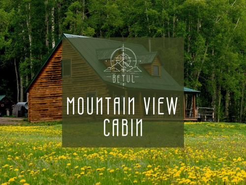 a sign for a mountain view cabin in a field of flowers at Beyul Retreat in Meredith