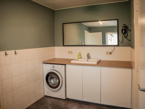 een badkamer met een wasmachine en een wastafel bij Alpacafarm Vorstenbosch in Vorstenbosch