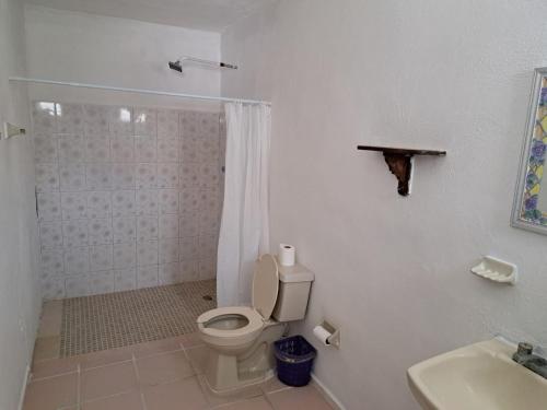 y baño con aseo, ducha y lavamanos. en Aurora, en Cancún