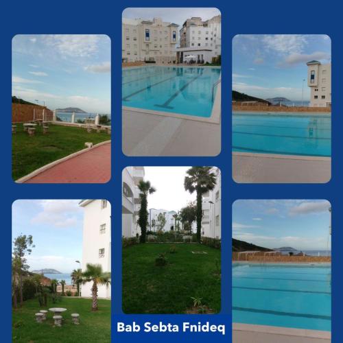 eine Collage mit Bildern eines Schwimmbads in der Unterkunft Bab Sebta Fnideq in Fnideq