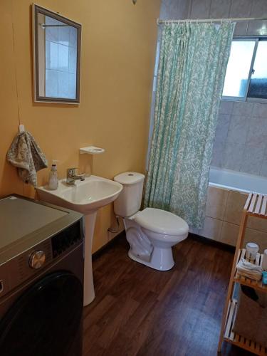 W łazience znajduje się umywalka, toaleta i prysznic. w obiekcie Casa Celeste w mieście Punta Arenas