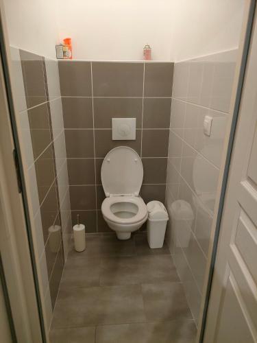 - une petite salle de bains avec toilettes et deux poubelles dans l'établissement Chambre cosy, à Viry-Noureuil