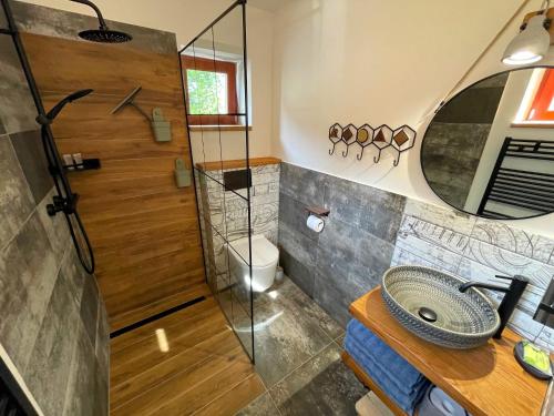 MalešovにあるSunrise Tiny House Malešovのバスルーム(洗面台、ガラス張りのシャワー付)