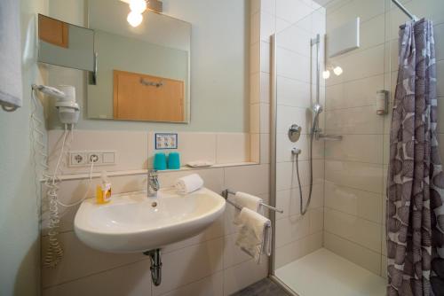リーデンにあるSeehotel und Appartements Schnöllerのバスルーム(シンク、シャワー付)