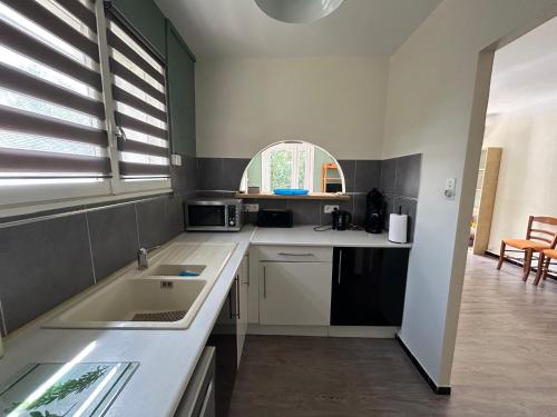 une cuisine avec un évier et un plan de travail dans l'établissement Gîte du Canal 6 personnes, à Vacqueyras