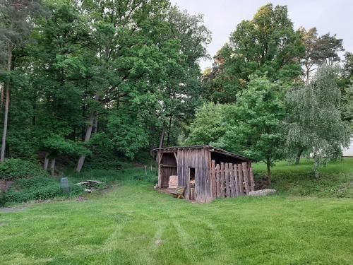 una cabaña de madera en medio de un campo en Apartman u lesa, en Horšovský Týn