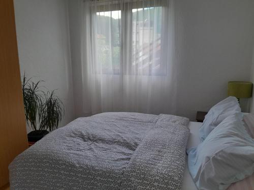 an unmade bed in a bedroom with a window at Lana apartman in Jajce