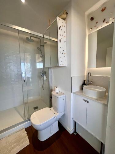 une salle de bain avec toilettes, lavabo et douche dans l'établissement Première ligne accès privé et direct à la plage Vue mer, à Arcachon