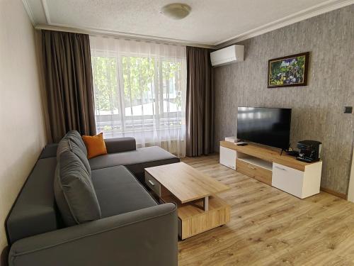 sala de estar con sofá y TV de pantalla plana en Venice Apartments, en Sofía