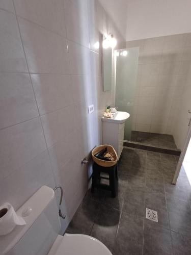 a small bathroom with a toilet and a sink at G&O cycladic house with sea view! in Foinikiá