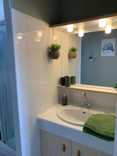 une salle de bain avec un lavabo et un miroir dans l'établissement Plein Soleil, à Barneville-Carteret