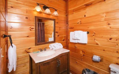 ein Bad mit einem Waschbecken und einem Spiegel in der Unterkunft Jennies Cove in Pigeon Forge