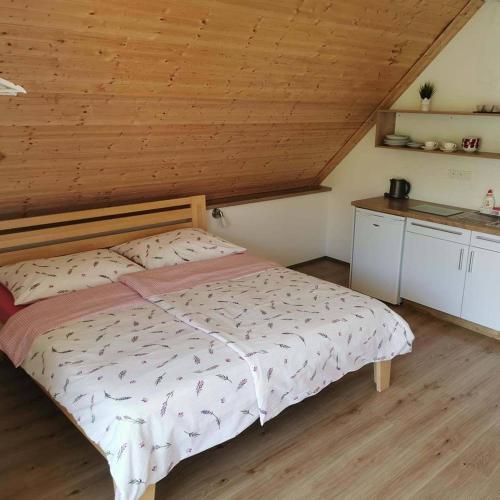 1 dormitorio con cama y techo de madera en VilaPavlov, en Pavlov