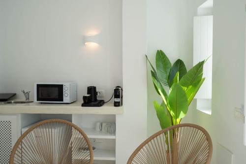 a kitchen with two chairs and a microwave and a plant at The Magic Luxury Cave Suites in Vóthon