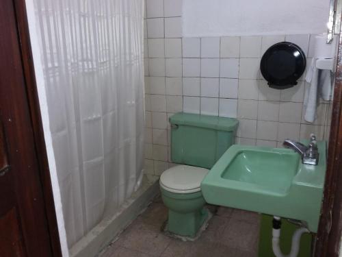 a bathroom with a green toilet and a sink at Hotel Centenario in Guatemala