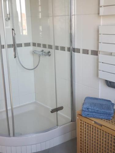 une douche avec une porte vitrée dans une salle de bain dans l'établissement Au gré du tulipier - 2 pièces, à Monswiller