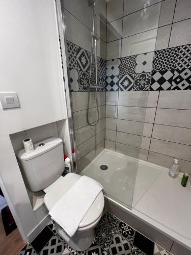 une petite salle de bain avec toilettes et douche dans l'établissement Le Chalotais, Hyper centre de Rennes, à Rennes