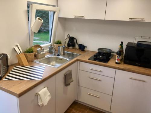 a kitchen with a sink and a microwave at Pokoje nad jeziorem Dobskim półwysep Fuleda in Fuleda