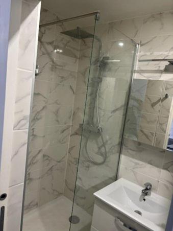 une salle de bain avec douche et lavabo dans l'établissement Studio calme avec un lit, à Bordeaux