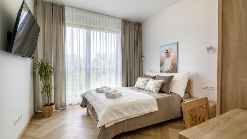 ein Schlafzimmer mit einem Bett und einem großen Fenster in der Unterkunft Comfy Apartments - Rodzinny Nadmorski Dwór I 10 minut plaża in Danzig