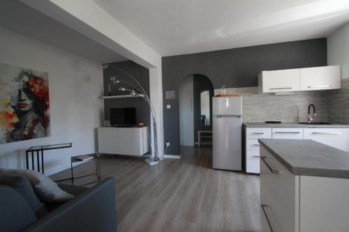 拉布的住宿－Apartments Casa Barbara，厨房以及带白色冰箱的客厅。