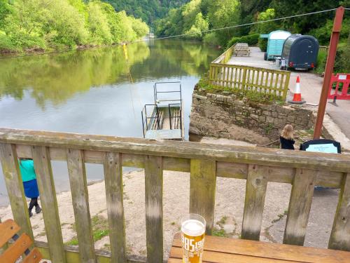 a drink on a wooden bench next to a river at The Bungalow, Forest of Dean in Coleford