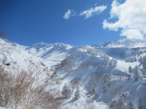 a snowy mountain range with trees and snow on it at NORTH GLAMPER 富良野 in Kami-furano