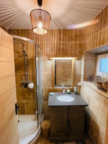 une salle de bain avec un lavabo et une douche dans l'établissement Ressourcement et bien être en bord de mer, à Deauville